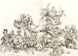 Diomedes, såret av Pandarus, blir trøstet av Pallas Athene av Giulio Romano