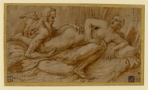 Erotisk scene av Romano, Giulio (1499-1546), etter 1524 - Penn, pensel, brunt indisk blekk, hvit farge, svart kritt på papir