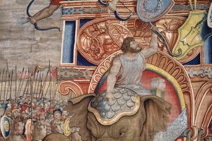 flamsk billedvev. Serien The Acts of Scipio. Slaget ved Zama. Tegneserieskaper Giulio Romano. Atelier av Balthasar van Vlierden (?), Brussel. 1523-1532. Detalj. av Giulio Romano