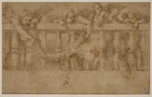Fire vingeputter som dekorerer en balustrade med girlandere av Giulio Romano