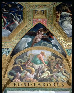 Lunette som skildrer Psyche som gjennomfører en prøvelse satt av Venus med å hente fra underverdenen en krukke som inneholder skjønnheten til Proserpine, fra Sala di Amore e Psiche, 1528 freskodetalj av 78427 av Giulio Romano