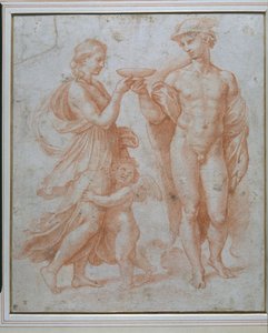 Mercury tilbyr Cup of Immortality til Psyche (rødt kritt på hvitt papir) av Giulio Romano
