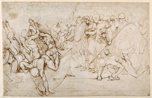 Neoptolemus tar Andromache i fangenskap etter Trojas fall (penn og brunt blekk på hvitt papir) av Giulio Romano