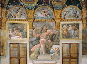 Olympia forført av Jupiter, Polyphemus som vokter Acis og Galatea, Pasiphae kommer inn i kua konstruert av Daedalus, fra Sala di Amore e Psiche av Giulio Romano