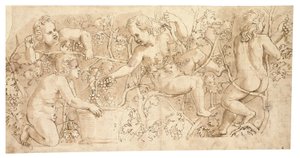 Putti plukker druer: Design for en frise av Giulio Romano