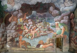 Sala dei Giganti, detalj om ødeleggelsen av kjempene av Jupiters tordenbolter, 1536 freskomaleri av 78482 av Giulio Romano