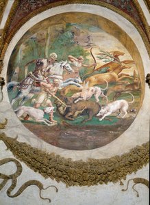 Scene som viser at de som er født under kreftens tegn i forbindelse med stjernebildet Mars vil være dyktige i jakt og fiske, symbolisert av en jaktscene, fra Camera dei Venti, av Giulio Romano