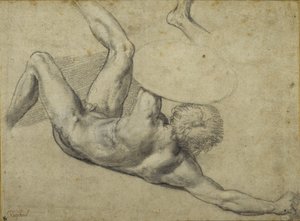 Studie for falt kriger i 'Slaget om Constantine', Sala di Costantino (kritt på papir) av Giulio Romano
