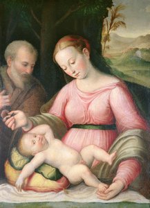 Den hellige familie i et fjellandskap av Giulio Romano