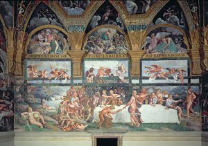 Den rustikke banketten feirer ekteskapet til Amor og Psyche, med de tre lunettene ovenfor som viser en av Psyches prøvelser for å bringe tilbake fra underverdenen en krukke som inneholder skjønnheten til Proser av Giulio Romano