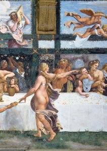 Den rustikke banketten feirer ekteskapet til Amor og Psyche, med de tre lunettene ovenfor som viser en av Psyches prøvelser for å bringe tilbake fra underverdenen en krukke som inneholder skjønnheten til Proser av Giulio Romano