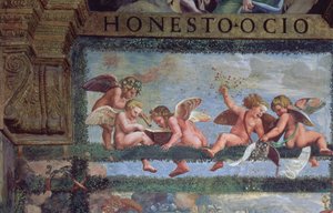 Den rustikke banketten, detalj av putti som lager musikk, fra Sala di Amore e Psiche, 1528 freskodetalj fra 78428 av Giulio Romano