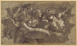 Vestal Tuccia med sil (penn og brunt blekk med brun vask på papir) av Giulio Romano