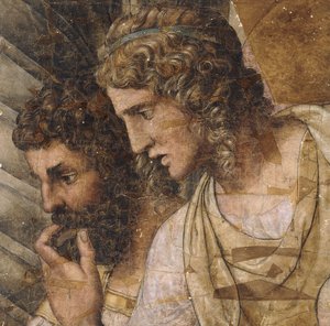To menn, bystelengde, ser ned: en tegneserie for et billedvev, av Giulio Romano