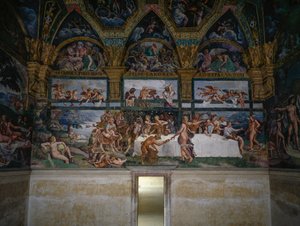 Bryllupsfest eller gudenes bankett, freskomaleri av Giulio Romano (1499-1546), vestveggen til Chamber of Cupid and Psyche, Palazzo Te, Mantua (UNESCOs verdensarvliste, 2008), Lombardia, Italia av Giulio Romano