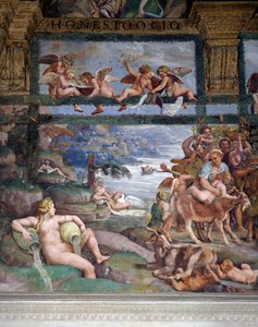 Bryllupsfest eller gudenes bankett, freskomaleri av Giulio Romano (1499-1546), vestveggen til Chamber of Cupid and Psyche, Palazzo Te, Mantua (UNESCOs verdensarvliste, 2008), Lombardia, Italia av Giulio Romano