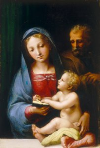 Hellige familie av Giulio attr. to Romano
