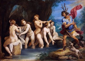 Diana og Actaeon - Maleri av Giuseppe Cesari (1568-1640), olje på kobber, ca 1604, 50x69 cm - Diana og Actaeon, olje på kobber av Giuseppe Cesari - Szepmuveszeti Muzeum, Budapest