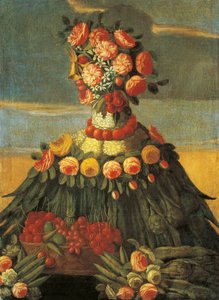 Italia, Firenze, Våren, kurv med kirsebær med blomster av Giuseppe (follower of) Arcimboldo