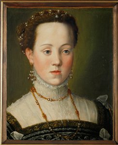 Erkehertuginne Anna av Østerrike, dronning av Spania. I en alder av 21 år ble hun onkelens, kong Filip IIs, fjerde kone (olje på tre). av Giuseppe Arcimboldo