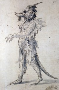 Design for en drage (penn, blått blekk og akvarell på papir) av Giuseppe Arcimboldo