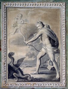 Apollon dreper slangen Python (monokrom tegning av Giuseppe Bacigalupo