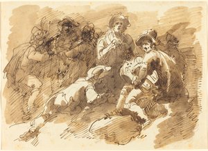 En hyggelig samling med en mann som spiller en Hurdy-Gurdy