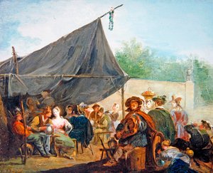 En leirscene med figurer som drikker (olje på lerret)