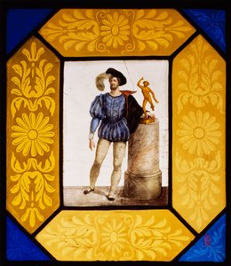 Skulptøren Mauro Gandolfi kledd som Giambologna av Giuseppe Bertini (1825-1898), brannmalt glass 49x42 cm, Italia