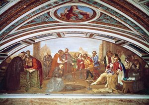 Galileo Galilei (1564-1642) demonstrerer tyngdeloven i nærvær av Giovanni De 'Medici (1543-1562), freskomaleri av Giuseppe Bezzuoli (1784-1855), Tribune of Galileo, Firenze, Italia