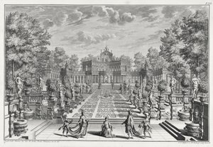 Oppsetting for en opera i en hage, fra Architectus Theatralis Primarius, gravert av Johann Andreas Pfeffel (1674-1748), utgitt 1740 av Giuseppe Bibiena