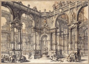 Portikoen til et italiensk palass med en fontene dekorert med en statue av formue, av Giuseppe Bibiena