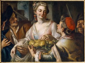 Karneval (karneval). Populær festscene i Venezia, en ung mann tilbyr et fruktfat til en ung kvinne som griper et eple, omgitt av karakterer, hvorav en har en grotesk maske fra commedia dell