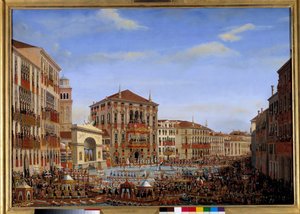Besøk av Napoleon I til Venezia fra 28. november til 8. desember 1807: Keiseren som leder regattaene på Canal Grande fra balkongen til Baldi-palasset, ankommer fra løpet, 2. desember 1807 Maleri av Giuseppe Borsato (1771-1849). 1807 søn. 0,65 x