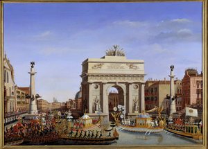 Besøk av Napoleon I til Venezia fra 28. november til 8. desember 1807: Inngang til keiseren i gondol på Canal Grande Procession av gondoler. Maleri av Giuseppe Borsato (1771-1849) 1800-tallet Søn. 0,65x0,90 m. - Napoleons besøk i Venezia fra 28. nr