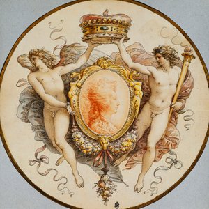 Et ovalt portrett av en kvinne i profil med en dekorativ kant av grotesker og swags, med flankerende allegoriske berømmelsesfigurer og seier som holder en koronet,