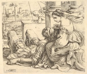 Delila holder Samsons hår og en saks, 1620-30.