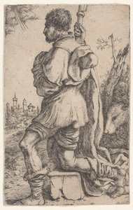 Saint Roch, knelende på en stein, sett fra siden med hunden bak seg..., 1620-30.