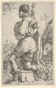 Saint Roch, knelende på en stein, sett fra siden med hunden bak seg og en by..., 1620-30.