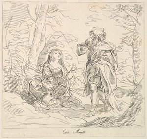 Sittende kvinne og skjeggete mann i et landskap, 1740-1802.