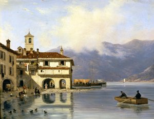 Como. Kysten og havnen i Menaggio (1850). Maleri av Canella. Menaggio (Como),. av Giuseppe Canella