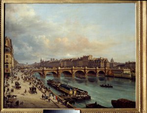 La cite et le Pont Neuf sett fra Quai du Louvre I forgrunnen en båtvask (båtvask) og den store aktiviteten ved Seines bredder. Maleri av Canella Giuseppe Canella l'Ain (1788-1847). 1832 søn. 1,04 x 1,30 Paris, Musee Carnavalet