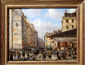 Les Halles og rue de la Tonnellerie i 1828: utsikt over Paris på 1800-tallet. Maleri av Giuseppe Canella (1788-1847)