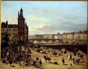 Utsikt over Blomstervandringen, Klokketårnet, Pont au Change og Pont-Neuf i Paris Maleri av Giuseppe Canella l
