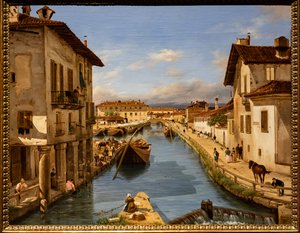 Utsikt over Naviglio-kanalen fra broen til St. Mark, ca. 1850 (olje på lerret)