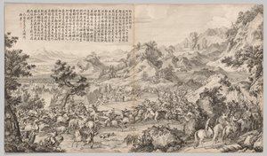 Å angripe leiren ved Gatan Ola: fra Battle Scenes of the Quelling of Rebellions in the Western Region, med keiserlige dikt av Giuseppe Castiglione