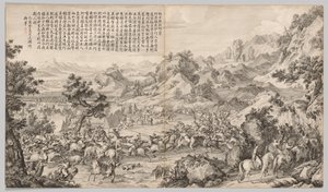 Å angripe leiren ved Gatan Ola: fra Battle Scenes of the Quelling of Rebellions..., ca. 1765-1774. av Giuseppe Castiglione