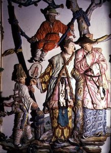 Salon Chino (kinesisk rom) detalj som viser figurer av et kinesisk par og lekende barn, 1769 (porselen) (se også 93237, 93239) av Giuseppe Gricci