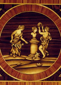 Forsoningsritual hos Herm of Mercury, detalj fra kommode i valnøtt, lønn, buksbom, oliven, rose og palisander, av Giuseppe Maggiolini (1738-1814), Italia