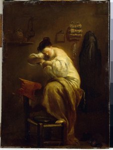 Kvinne på jakt etter lopper. (Kvinne på jakt etter lopper). Maleri av Giuseppe Maria Crespi (1665-1747), olje på lerret, ca 1710. Italiensk kunst (Bologna) av Giuseppe Maria Crespi